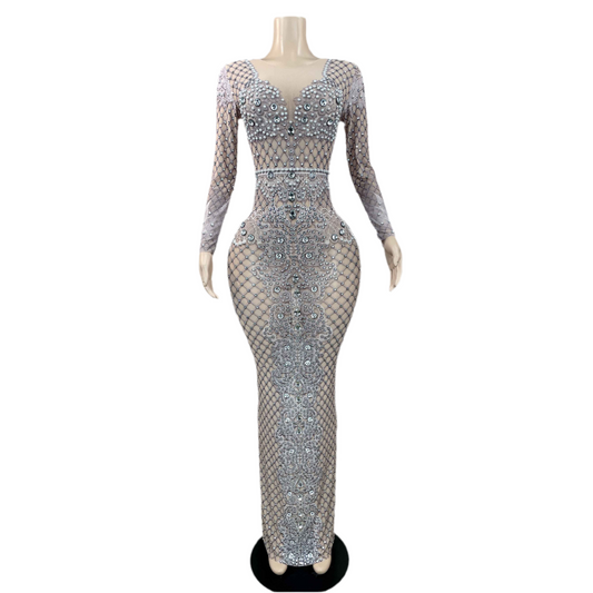 Fine Crystal + Pearl Jeweled Evening Gown