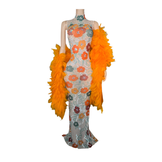 Flower Child Evening Gown + Feather Coat