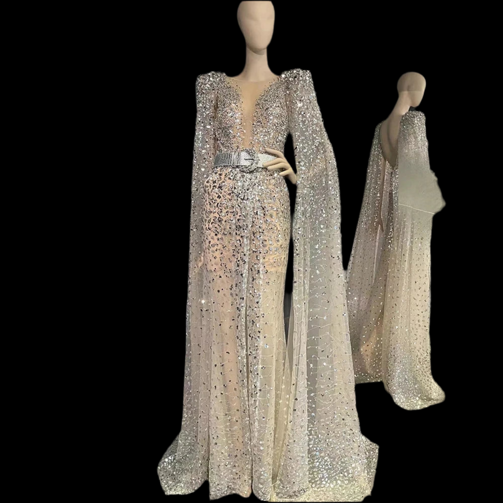 Special Occassion + Cape Sleeve Elegant Gown