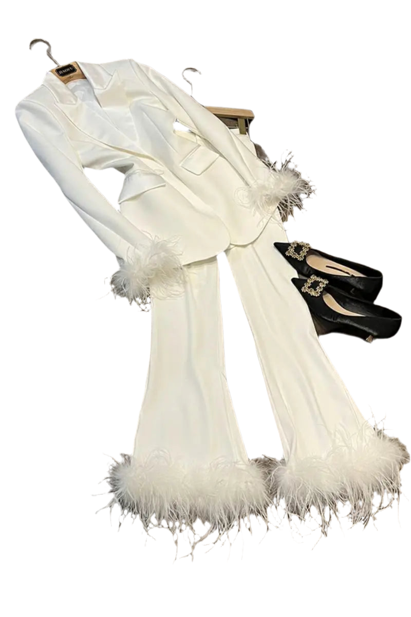 By Design Satin Feather Cuff Suit