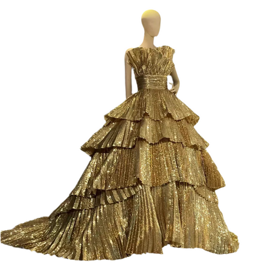Gilded Luxurious Gold Ruffles Evening Gown