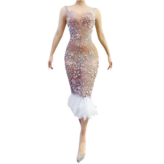 Snow White Feather + Mesh Crystal Dress