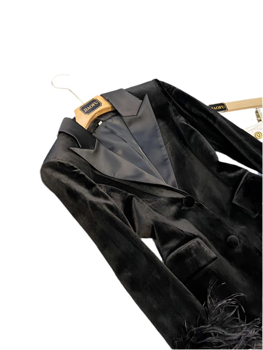 Office Lady Velvet + Ostrich Feather Blazer