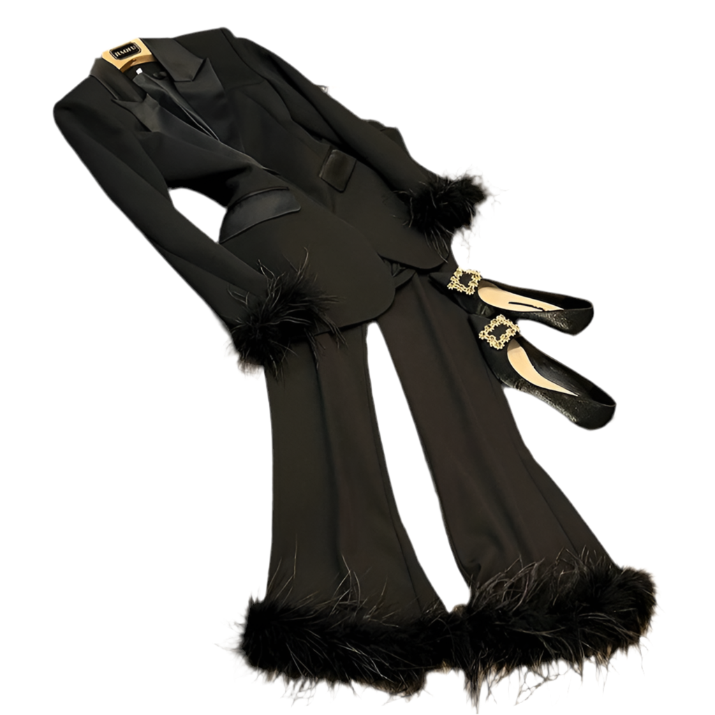 By Design Satin Feather Cuff Suit