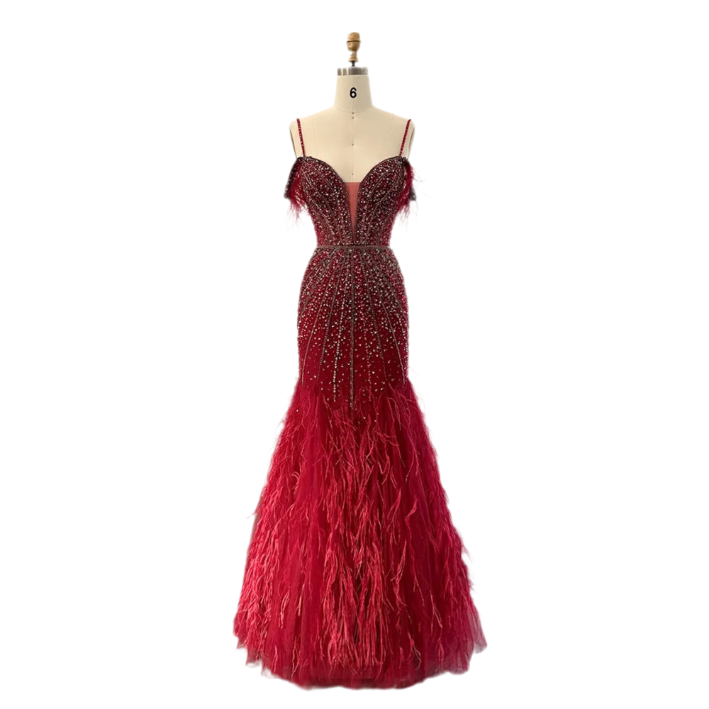 Modest Glam + Feather Trim Evening Gown