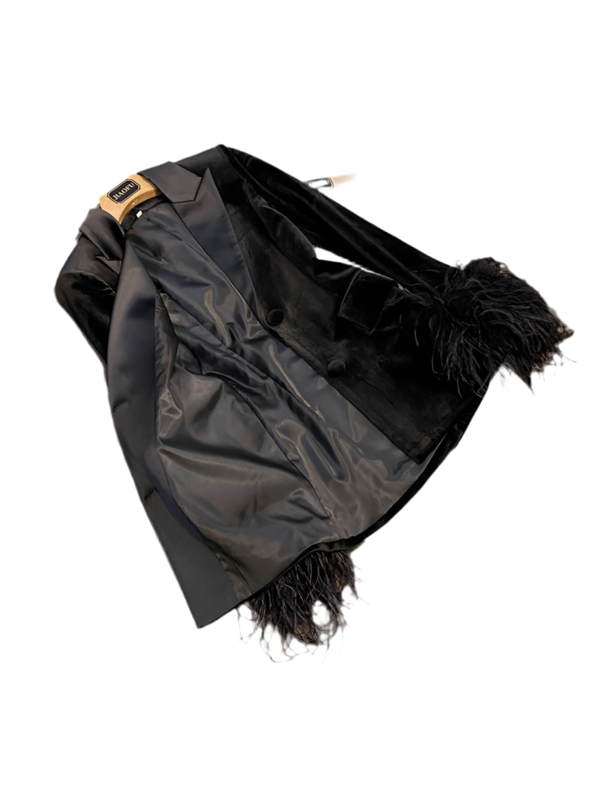 Office Lady Velvet + Ostrich Feather Blazer